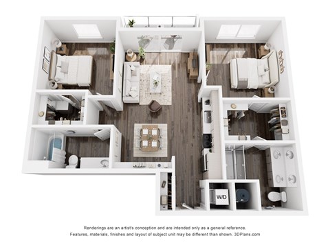 Floor plan for 2 beds, 2 baths, 1043 sqft